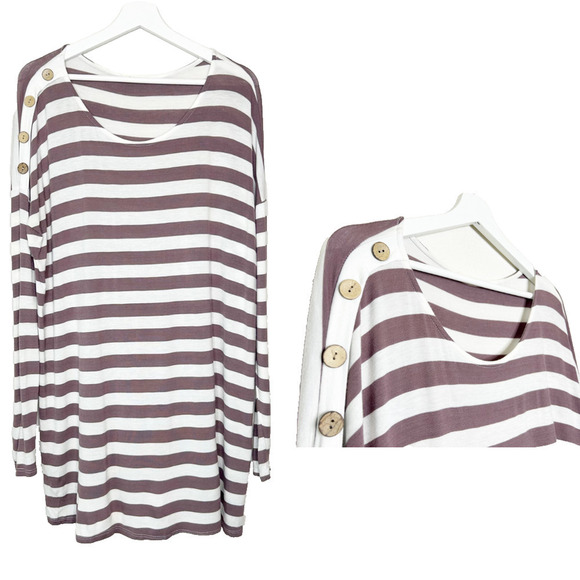 Mon Ami USA Brown and Cream Striped Button Shoulder Tunic Top L - Picture 1 of 10